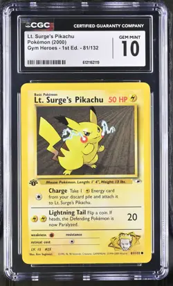 CGC 10 GEM MINT Lt. Surge's Pikachu Gym Heroes 1st Edition 81/132 Pokemon Card - Image 1