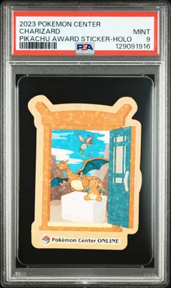 2023 POKEMON CENTER PIKACHU AWARD DELIVERY! STICKER HOLO CHARIZARD PSA 9 - Image 1