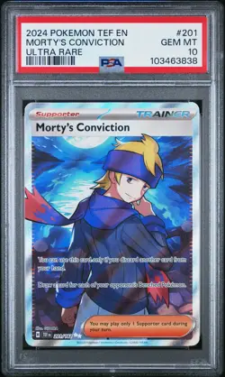 2024 POKEMON TEF EN-TEMPORAL FORCES ULTRA RARE #201 MORTY'S CONVICTION PSA 10 - Image 1