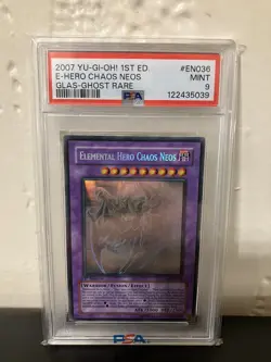 PSA 9 Mint - Elemental Hero Chaos Neos GLAS-EN036 1st Edition Ghost Rare YuGiOh - Image 1