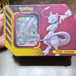 Pokemon Tag Team Mewtwo & Mew Tin TCG 2019 Purple Yellow Metal Booster Packs - Image 1
