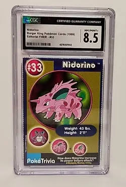 Nidorino #33 Burger King PokeTrivia 1999 Pokemon Trading Card Graded CGC 8.5 - Image 2