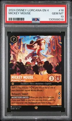 2024 Disney Lorcana EN 4 Mickey Mouse PSA 10 GEM LEGENDARY #16 Musketeer Captain - Image 1