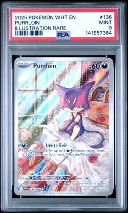 2025 POKEMON WHT EN-WHITE FLARE ILLUSTRATION RARE #136 PURRLOIN PSA 9 - Image 1