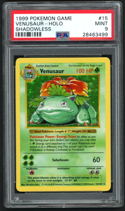 1999 POKEMON GAME #15 VENUSAUR-HOLO SHADOWLESS PSA 9 - Image 1