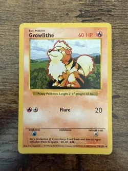 Never Played Growlithe 28/102 Base Set SHADOWLESS Pokemon Card NM/NP - Image 3