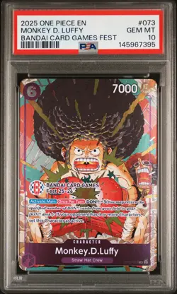 2025 ONE PIECE PROMOS BANDAI CARD GAMES FEST #073 MONKEY D. LUFFY PSA 10 - Image 1