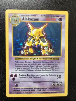 Pokemon Alakazam TCG Card 1/102 Base Set, Shadowless, Unlimited Holo Rare MP - Image 1