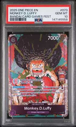 2025 ONE PIECE PROMOS BANDAI CARD GAMES FEST #073 MONKEY D. LUFFY PSA 10 - Image 1