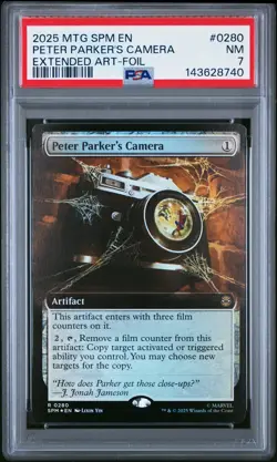 2025 MTG MARVEL'S SPIDER-MAN EXTENDED ART-FOIL #0280 PETER PARKER'S CAMERA PSA 7 - Image 1