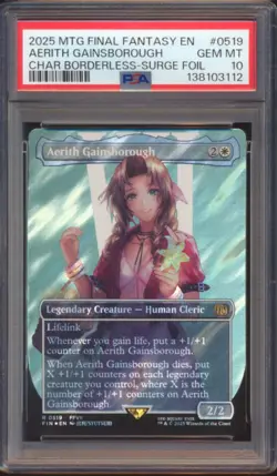 MTG FINAL FANTASY AERITH GRAINSBOROUGH BORDERLESS SURGE FOIL #0519 PSA 10! - Image 1