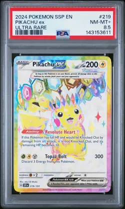 2024 POKEMON SSP EN-SURGING SPARKS ULTRA RARE #219 PIKACHU EX PSA 8.5 - Image 1