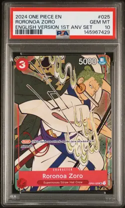2024 ONE PIECE ENGLISH VERSION 1ST ANNIVERSARY SET #025 RORONOA ZORO PSA 10 - Image 1