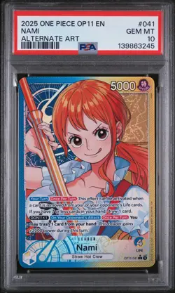 2025 ONE PIECE OP11-A FIST OF DIVINE SPEED ALTERNATE ART #041 NAMI PSA 10 - Image 1