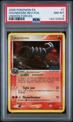 2005 POKEMON EX UNSEEN FORCES #7 HOUNDOOM-REVERSE FOIL PSA 8 - Image 1