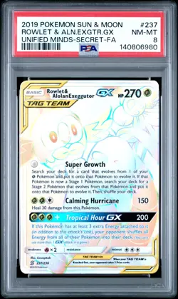 2019 POKEMON SUN & MOON UNIFIED MINDS SECRET FA/ROWLET ALOLAN EXEGGUTOR GX PSA 8 - Image 1