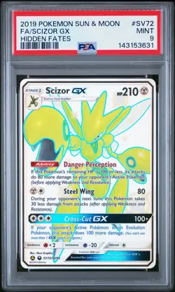 2019 POKEMON SUN & MOON HIDDEN FATES #SV72 FULL ART/SCIZOR GX PSA 9 - Image 1