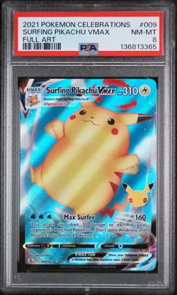 2021 POKEMON CELEBRATIONS #009 FULL ART/SURFING PIKACHU VMAX PSA 8 - Image 1