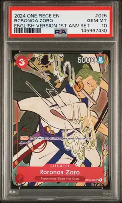 2024 ONE PIECE ENGLISH VERSION 1ST ANNIVERSARY SET #025 RORONOA ZORO PSA 10 - Image 1