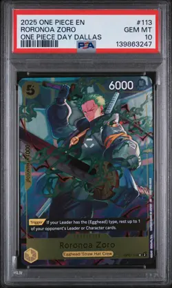 2025 ONE PIECE PROMOS ONE PIECE DAY DALLAS #113 RORONOA ZORO PSA 10 - Image 1