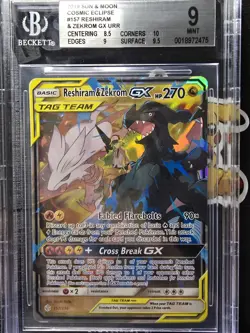 2019 Pokemon Sun & Moon Cosmic Eclipse Reshiram & Zekrom GX 157/236 BGS 9 Mint - Image 1