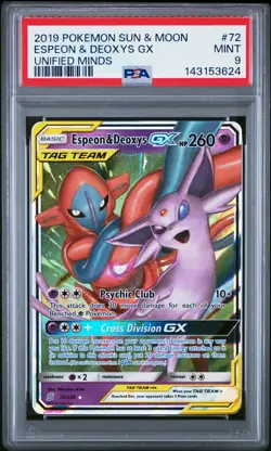 2019 POKEMON SUN & MOON UNIFIED MINDS #72 ESPEON & DEOXYS GX PSA 9 - Image 1