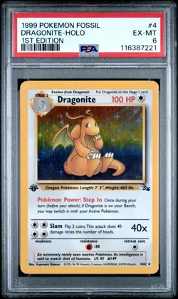 POKEMON 1999 DRAGONITE-HOLO 1ST EDITION FOSSIL #4 PSA 6 - Image 1