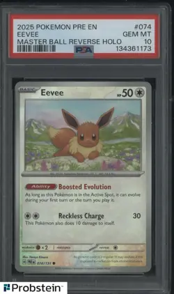 2025 Pokemon PRE EN Master Ball Reverse Holo #074 Eevee PSA 10 GEM MINT - Image 1