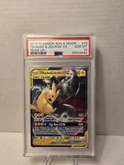 2019 POKEMON SUN & MOON TEAM UP #33 PIKACHU & ZEKROM GX PSA 10 - Image 1