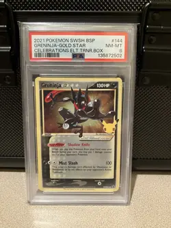 2021 Pokemon SWSH BSP Celebrations ETB #144 Greninja Gold Star PSA 8 NM-MT - Image 1