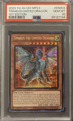 2023 PSA 10 YUGIOH DUELING HEROES MP23 1ST ED SECRET TIMAEUS THE UNITED DRAGON - Image 1