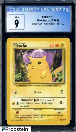 1999 Pokemon Base Set Unlimited #58 Pikachu CGC 9 MINT - Image 1