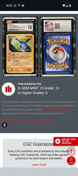 (TOP POP 13) CGC 10 GEM MINT Heracross 43/109 EX Team Rocket Returns Pokemon - Image 4