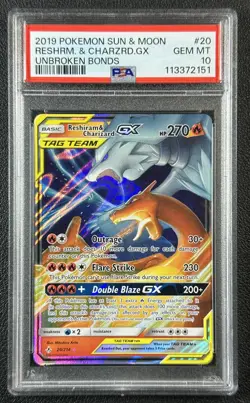 RESHIRAM & CHARIZARD TAG TEAM PSA 10 2019 POKEMON SUN MOON UNBROKEN BONDS 20/214 - Image 1
