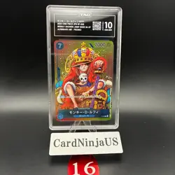 TAG GEM MINT 10 Monkey D Luffy P-043 Promo Japanese ONE PIECE Card Game Weekly - Image 1