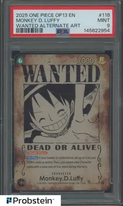 2025 One Piece OP13 EN Wanted Alt Art #118 Monkey D. Luffy PSA 9 MINT - Image 1