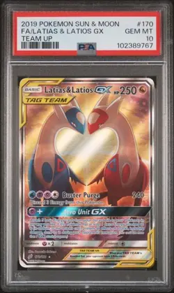 2019 POKEMON SUN & MOON TEAM UP #170 FA/LATIAS & LATIOS GX TEAM UP PSA 10 - Image 1