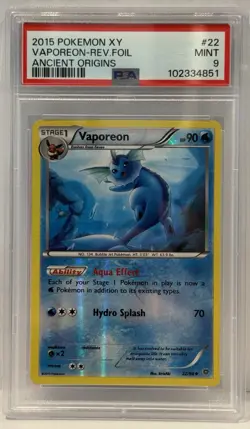 2015 Pokemon XY Vaporeon Reverse Holo Ancient Origins PSA 9 Mint - Image 1