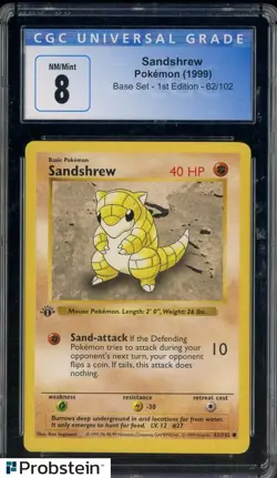 1999 Pokemon Base Set 1st Edition #62 Sandshrew CGC 8 NM-MT - Image 1