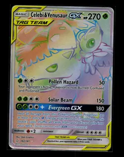 Celebi & Venusaur GX 182/181 Rainbow Secret Rare Team Up Pokemon Card MP - Image 1