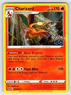 Charizard 010/078 2022 Pokemon GO Pokemon Card TCG Nintendo Holo Rare - Nm/Vlp - Image 1
