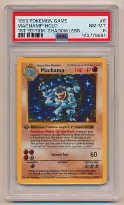 PSA 8 Pokemon Base Set SHADOWLESS 1st Edition Holo Rare Machamp 8/102 NM/MINT! - Image 1