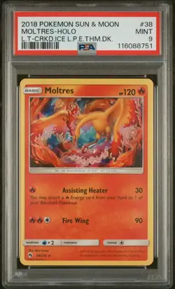 POKEMON 2018 MOLTRES-HOLO L.T-CRKD.ICE L.P.E.THM.DK. SUN & MOON #38 PSA 9 - Image 1