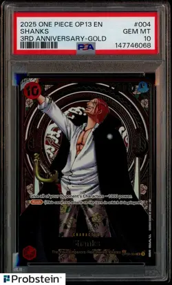 2025 One Piece OP13 ENGLISH 3rd Anniversary Gold #004 Shanks PSA 10 GEM MINT - Image 1