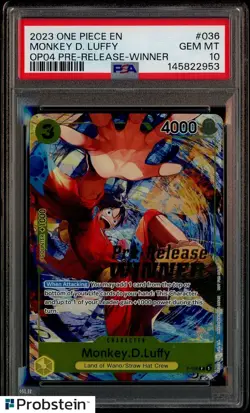 2023 One Piece EN OP04 Pre-Release Winner #036 Monkey D. Luffy PSA 10 GEM MINT - Image 1