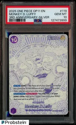 2025 ONE PIECE OP11 MONKEY D LUFFY 3RD ANNIVERSARY SILVER OP05-119 PSA 10 - Image 1