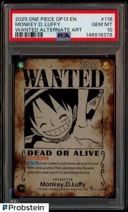2025 One Piece OP13 EN Wanted Alt Art #118 Monkey D. Luffy PSA 10 GEM MINT - Image 1