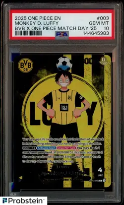 2025 ONE PIECE PROMOS BVB X ONE PIECE MATCH DAY 2025 #003 MONKEY D. LUFFY PSA 10 - Image 1