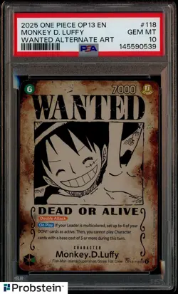 2025 One Piece OP13 EN Wanted Alt Art #118 Monkey D. Luffy PSA 10 GEM MINT - Image 1
