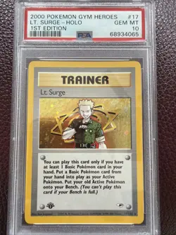 2000 POKEMON GYM HEROES 1ST ED #17 LT. SURGE-HOLO PSA 10 - Image 1